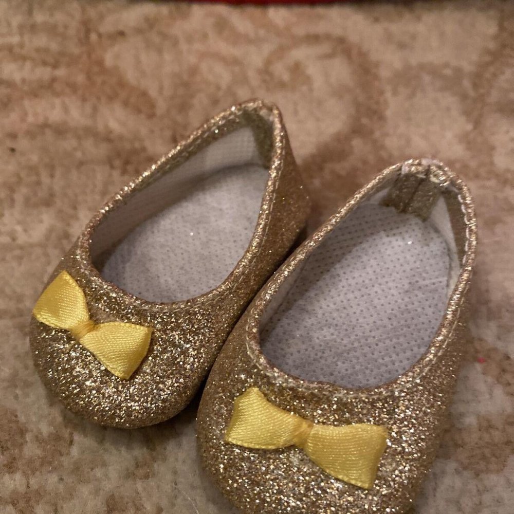 Gold Glitter Shoes With Bows fit American Girl Doll 18 Inch Isabelle